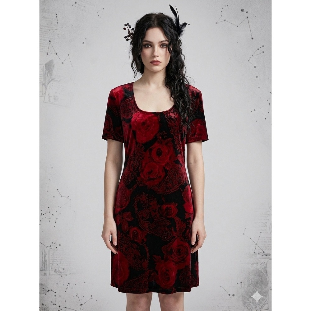 Vintage 90s Connected Apparel Red Rose Velvet Dress Whismygoth Grunge Size 12